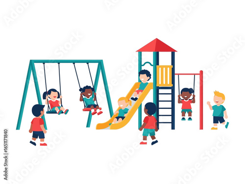 Playground Joy: Delightful children frolic and play on a vibrant playground, embracing the freedom of youth, amidst bright colors and inviting structures.