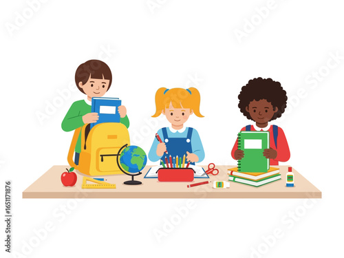 Back to School Essentials: Three diverse children engage in a delightful scene, enthusiastically arranging their school supplies for a fresh start.