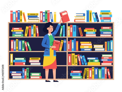 The Scholar's Haven: A librarian in a modern, vividly-illustrated style stands gracefully, arranging books on a towering shelf, depicting the essence of knowledge and learning.