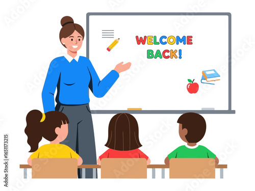 Welcome back to school: A scene of an encouraging teacher welcoming her students back to school. The image features a whiteboard with Welcome Back! written on it, a pencil, apple, books, and desks.
