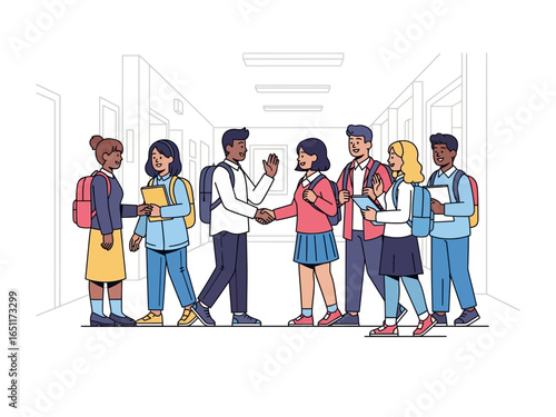 School hallway illustration: A diverse group of students interacts and walks through the school hallway with light, symbolizing education and interaction