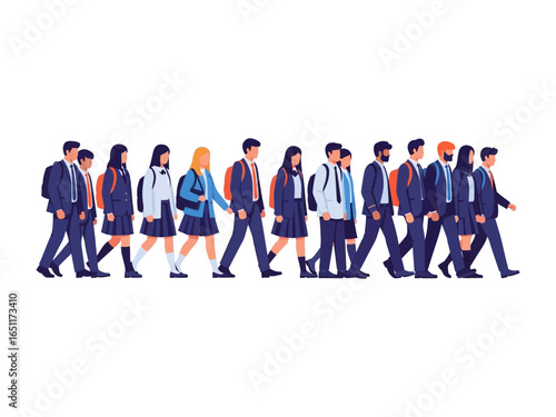 School Pupils: A group of school pupils walks in unison, dressed smartly in uniforms, depicting the spirit of education and collective movement.