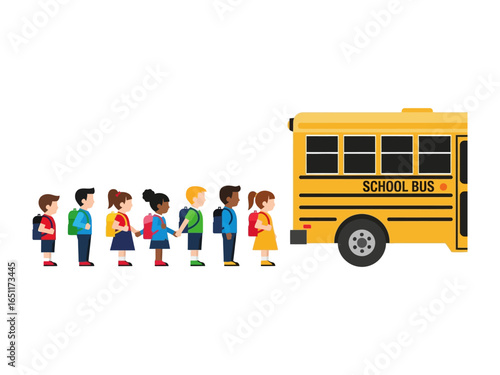 School Bus Boarding: A vibrant scene of children lined up to board a classic yellow school bus, epitomizing the excitement and anticipation of the school day.