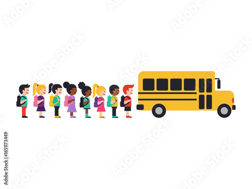 School Bus Lineup: A vibrant illustration depicts a line of diverse students, each holding a backpack, waiting patiently beside a bright yellow school bus. A celebration of education, inclusivity.
