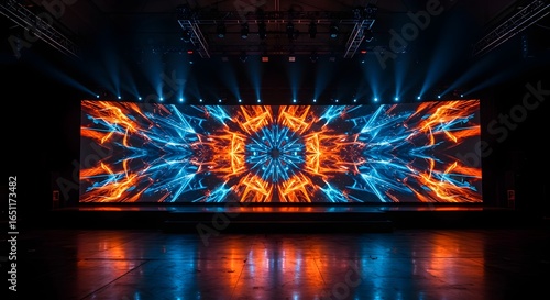 Kaleidoscope Display: Mesmerizing abstract digital display of light, color, and design dominates the stage in a stunning visual symphony.