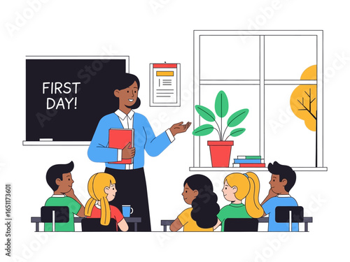 First Day of School: A welcoming classroom scene, showcasing a teacher engaging with a group of attentive students on the first day of school, filled with warmth and a sense of anticipation.