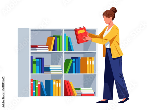 Reader's Choice: A librarian inserts a book into the shelf, symbolizing the enduring importance of literature, knowledge, and learning.