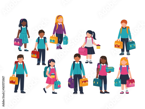 School Day Diversity: A vibrant illustration capturing the spirit of school, featuring diverse students heading back to school with books, backpacks, and lunchboxes.