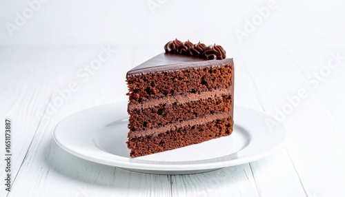 Rich Chocolate Cake Slice on White Plate Dark Brown Dessert with Icing Food Photography