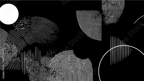 Abstract geometric art with circles and lines in black and white for modern design and background use cases