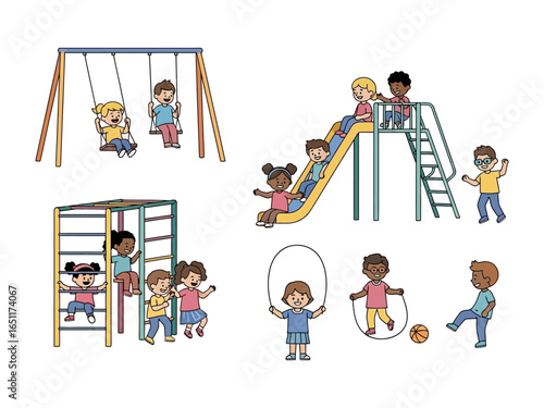 Playground Fun and Games: Illustrative image of various children joyfully engaged in different playground activities such as swinging, sliding, climbing and jumping with skipping rope