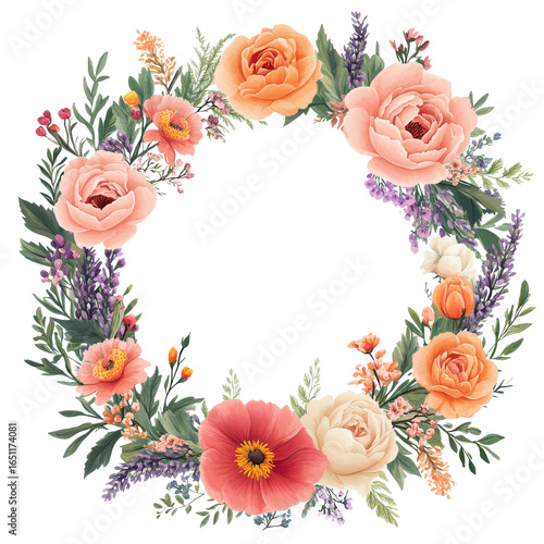 Vibrant floral wreath featuring pink and orange roses, lavender, and various wildflowers creates cheerful and elegant design. Perfect for invitations or decorative purposes