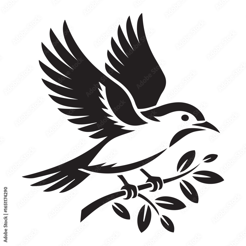 Fototapeta premium Black and white stylized bird in flight on a branch