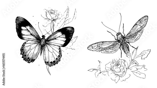 Vintage butterfly and moth illustration with roses perfect for nature themed graphic design projects