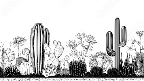 Explore desert flora black and white line art drawing of cactus plants and succulents for botanical design needs
