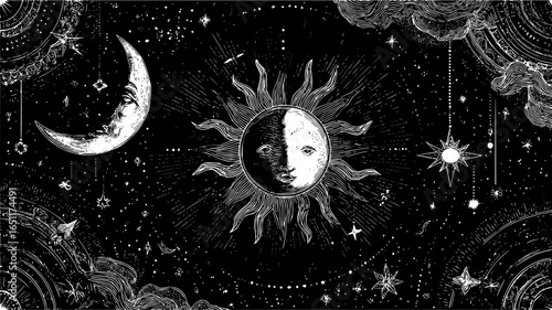 Celestial sun moon stars illustration astrology mystic art print vintage night sky drawing vector design 100