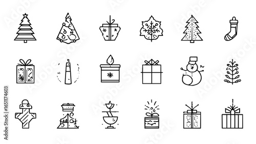 Christmas vector icons set holiday season winter elements christmas tree gift candle snowman stocking isolated