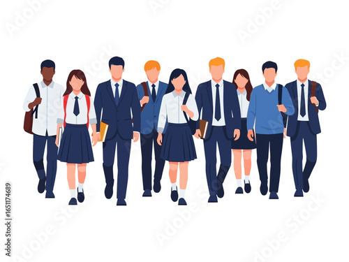 **School Student's Unity**: A vibrant portrayal of a diverse group of students in school uniforms, embodying the spirit of togetherness and shared aspirations.