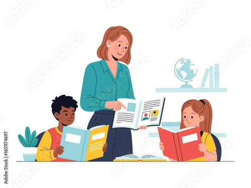 Literacy in Classroom: A dedicated teacher guides and inspires young students, immersed in the magic of books, creating a learning atmosphere for academic excellence.