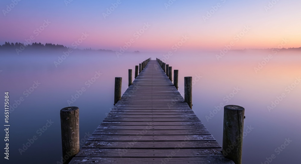 Fototapeta premium A dock in the middle of a lake at sunset showing a long wooden pier extending into a misty lake at sunrise