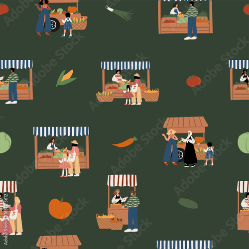 seamless pattern with multicultural people at farmers market — adults, kids, stalls, vegetables, Muslim woman, Black family, local produce, green background. Flat vector illustration.