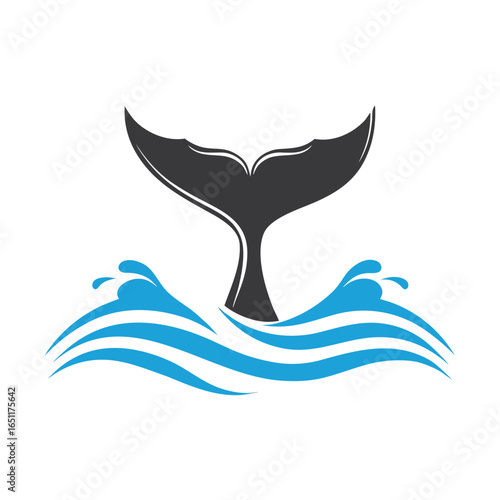 Dark grey whale tail emerging from blue stylized ocean waves fluke