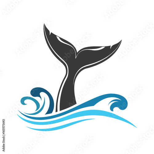 Dark grey whale tail emerges from stylized blue ocean waves on white background fluke 1