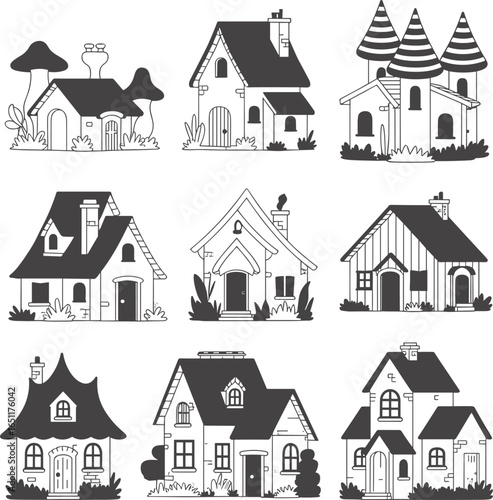Fairytale cottage icon set, fantasy house illustration, cartoon village homes, whimsical architecture, storybook buildings, black and white clipart, cozy dwellings, vector graphics