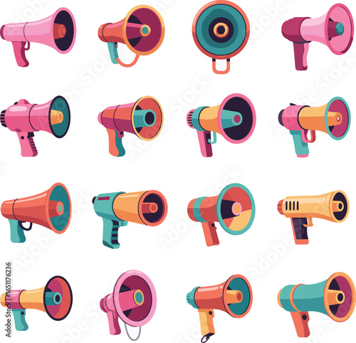 Megaphone icon set, colorful loudspeakers, vector illustration, communication tools, public announcement symbols, cartoon style, sound equipment, alert graphics, media interface elements
