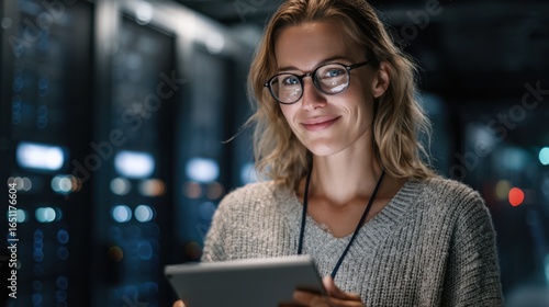 A young woman with glasses stands in a data center, holding a tablet and smiling. The environment features server racks and low lighting, indicating evening