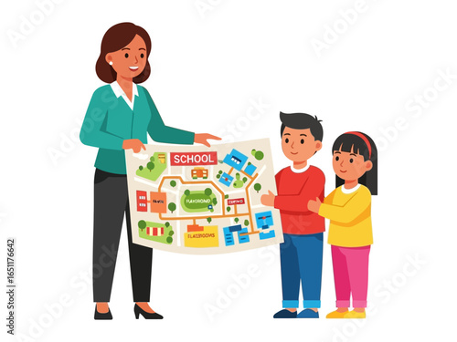 School Map with Students: An enthusiastic teacher holds a map showing a school with students. they are studying and learning in front of a map