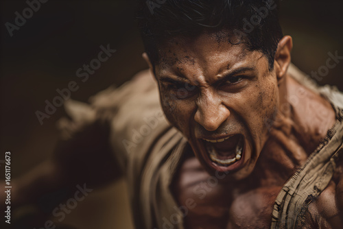 Middle-Aged South Asian Male Bodybuilder – Intense Screaming Close-Up, Muscular Sweaty Physique, Outdoor Portrait
