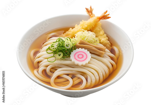 Delicious bowl of traditional Japanese udon noodle soup with tempura and toppings