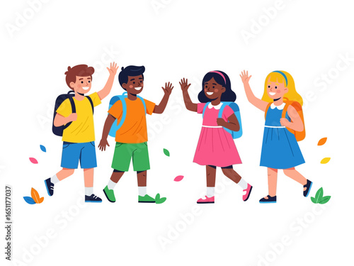 Welcoming young scholars: A vibrant tableau of diverse school children joyfully waving, their backpacks brimming with the promise of new lessons and adventures, radiating innocence and energy