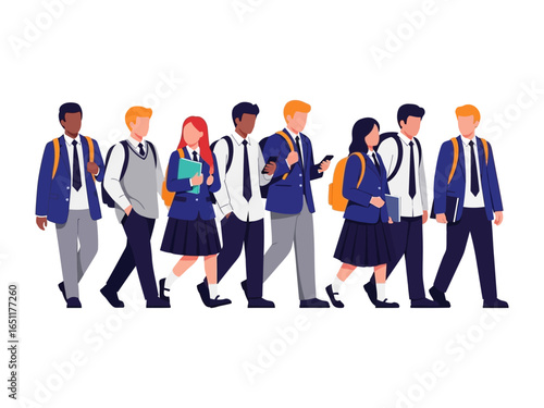 Back to school pathway: A group of diverse students in formal school attire stride confidently towards the school, symbolizing educational journey and aspiration for knowledge. 
