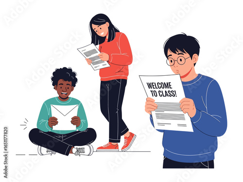 School Welcome: A trio of students eagerly read welcome letters, the image captures the excitement and anticipation of the first day of school. The illustration is rendered in a flat, modern style.