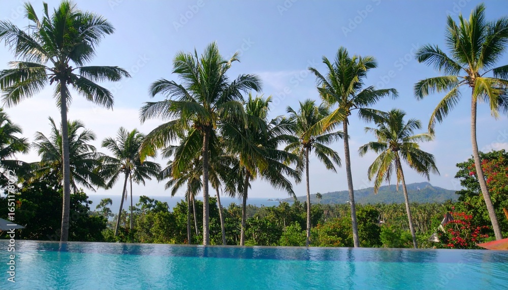 Fototapeta premium Infinity pool, palms, tropical, water, sky, landscape, horizon, sun, relaxation, vacation, luxury, resort, summer, reflection, blue, serene, exotic, nature, tranquility, leisure, scenic, beauty, escap