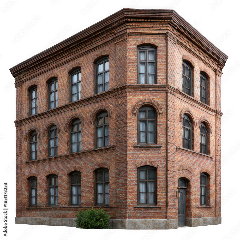 Fototapeta premium Old brick corner building with many windows isolated on transparent background