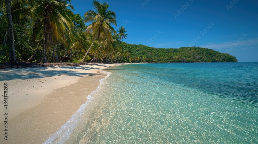 Naklejka premium Pristine beach fringed by lush tropical palms under a brilliant blue sky. Clear turquoise water gently laps the shore