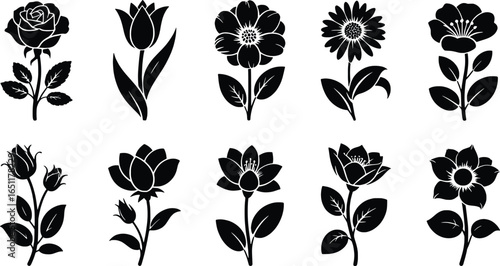 Collection of black and white floral silhouettes on white background