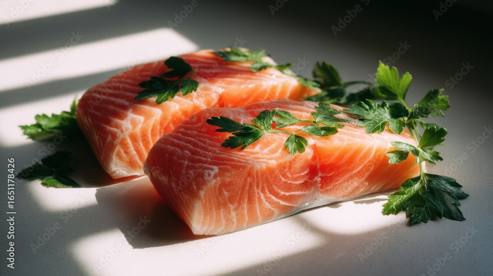 Two vibrant salmon fillets are artfully arranged with fresh parsley leaves, casting shadows from midday sunlight. The contrast highlights the fish's rich color and texture Two vibrant salmon fillets are artfully arranged with fresh parsley leaves, casting shadows from midday sunlight. The contrast highlights the fish's rich color and texture