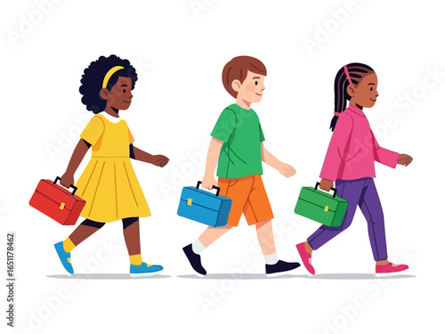 School Days: An artistic illustration showcasing three diverse students, each holding a school bag, walking towards school. This heartwarming image reflects unity, knowledge, and the joys of learning.