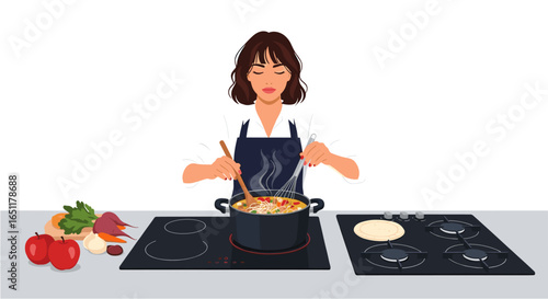 Woman cooking and stirring food in a pot in a kitchen