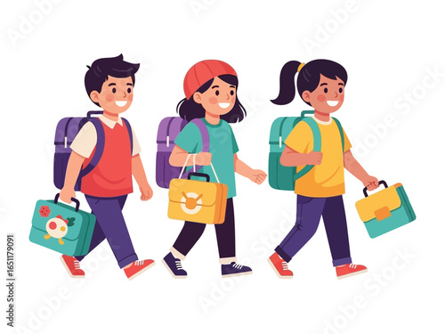 Ready for School: Three young students, each with a backpack and carrying a lunchbox, stride with joy towards their educational journey.