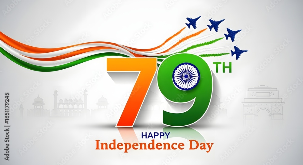 Obraz premium Happy 79th independence day india with tricolor ribbon and fighter jets flying, national celebration with cityscape silhouette