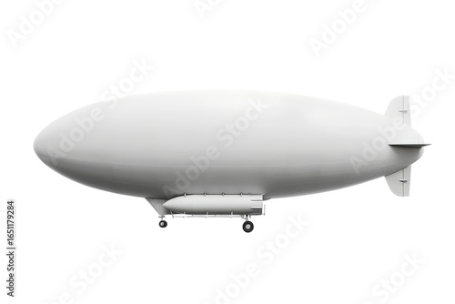 White commercial airship displayed flying horizontally in clean view.