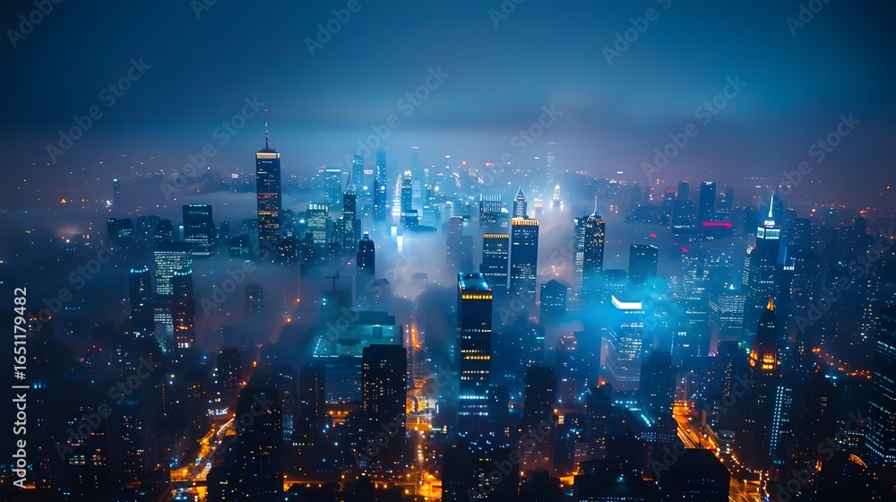 Fototapeta premium Misty Night Cityscape Aerial View Blue Glow