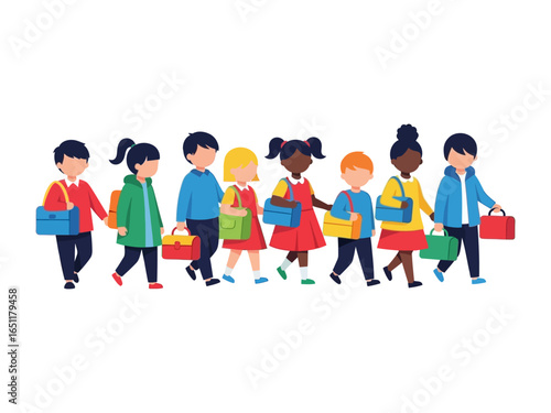 School Day March: A cheerful illustration captures a diverse group of schoolchildren, each carrying their bags, walking together with bright anticipation.