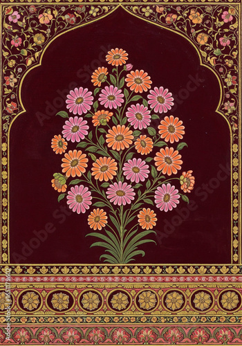Rich Mughal floral ornament vector with deep colored flower bouquet, traditional border decoration design inspired by folk miniature art
