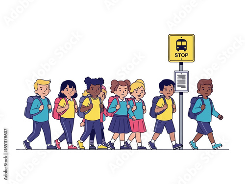 Children Walking to School: Illustration of a diverse group of elementary students joyfully walking towards their school, their backpacks hinting at the adventures awaiting within the classrooms.